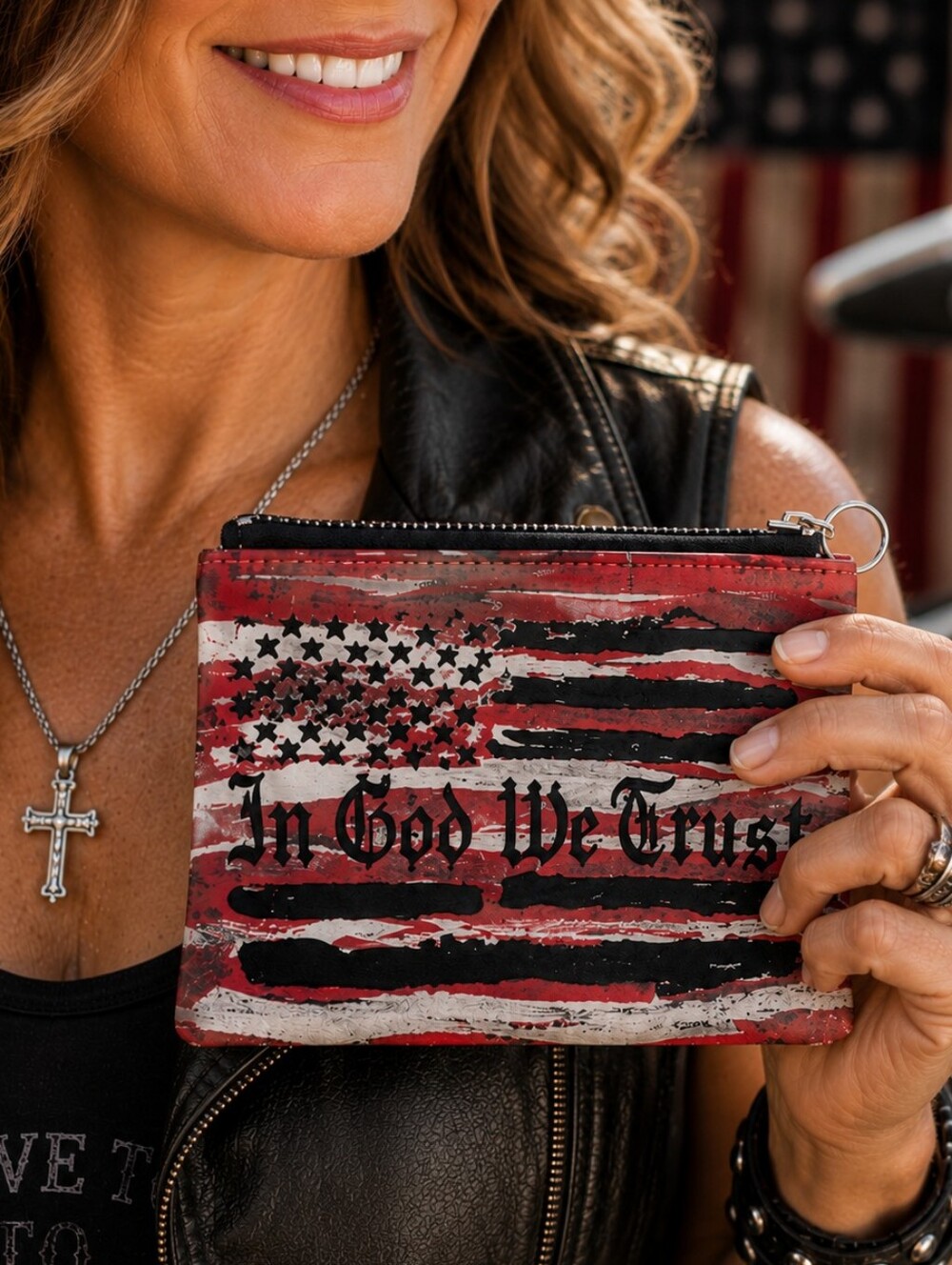 Distressed American Flag Wallet Biker Veteran Gift Christian Coin Purse Bag